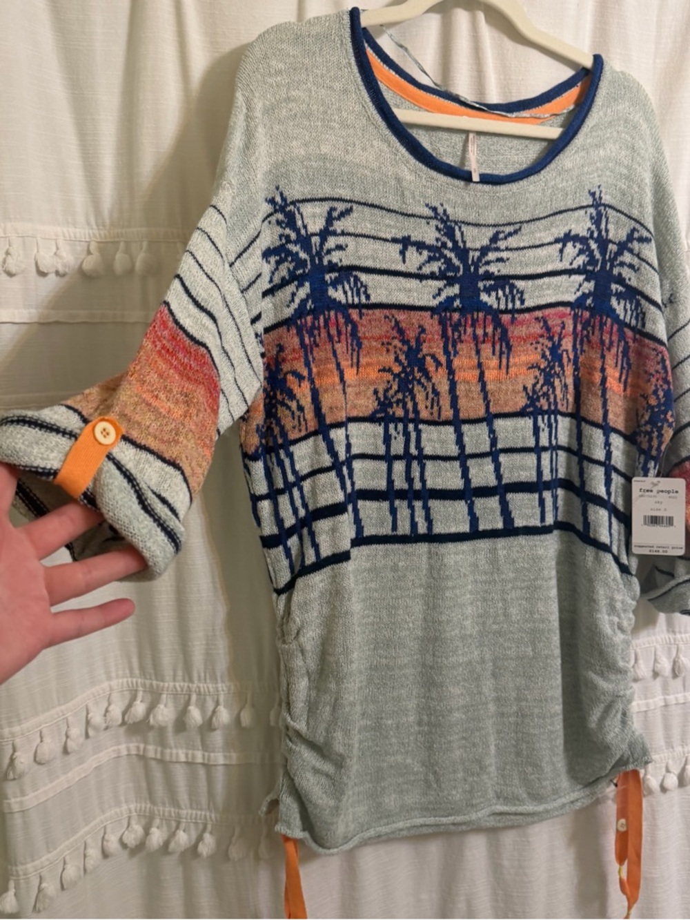 Free People Women's Palm Tree Breeze Knit Ruched Sweater Pullover Top Sunset S - Picture 11 of 11